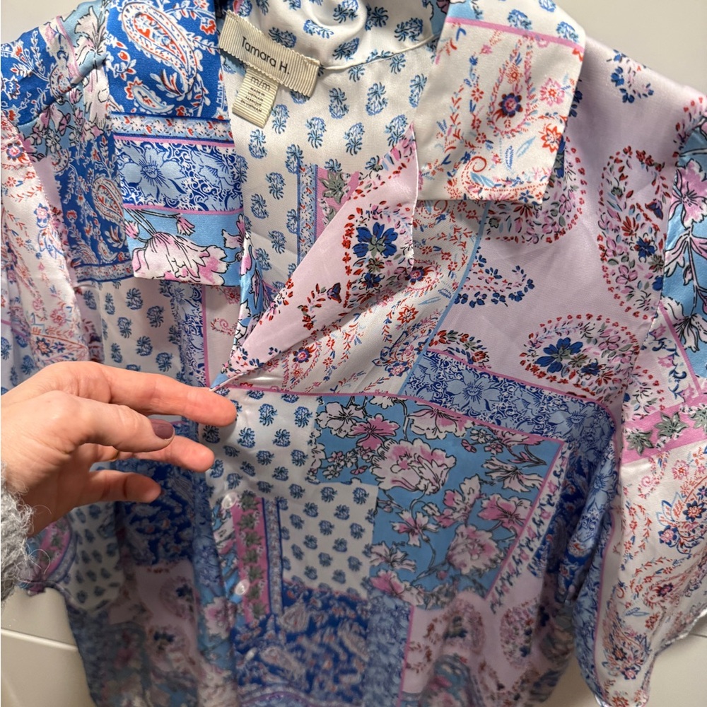 Tamara H. Floral Patchwork Button-Up Shirt - Pink & Blue